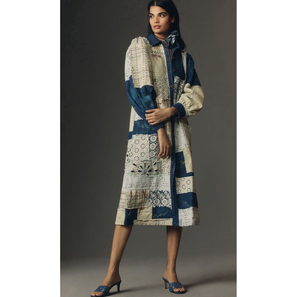 Anthropologie Let Me Be Midi Shirt Dress Blue Denim Patchwork Retro Boho  XS NWT